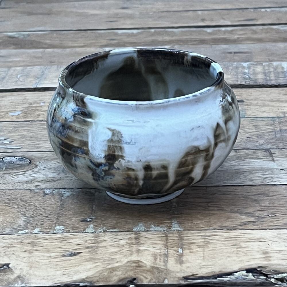 Studio Art Pottery Ceramic Bowl 3.5" White Brown Swirl Gloss Finish